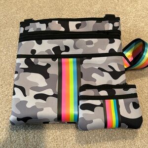 Haute Shore Gray/White Camo/Rainbow Crossbody Purse NWOT by with mini pouch